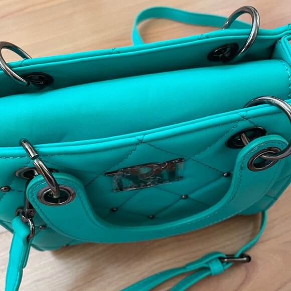 FIRM. $129 Badgley Mischka Diamond Purse, Vegan Leather Studded Branded Gunmetal - Picture 9 of 14